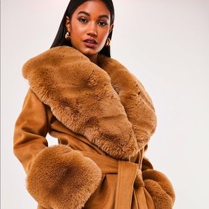 Misguided Tall Camel coat with fur trim